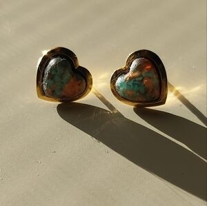Vintage Heart-Shaped Gold and Turquoise Earrings